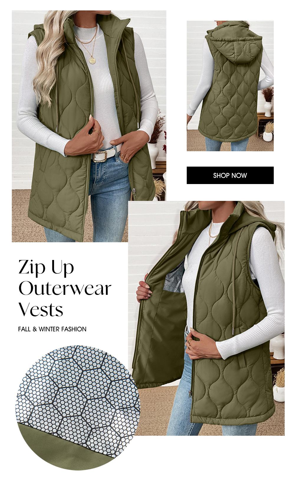 EVALESS Long Puffer Vest Jacket for Women,Zip Up Sleeveless Hooded Puffer Jacket,Lightweight Quilted Winter Coat Outerwear,2026 Womenswear Fall Winter Outfits Chic Tops