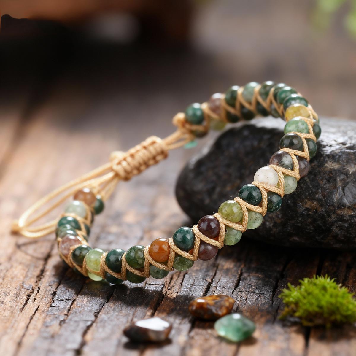 Bohemian Stone Bracelet Crystal Natural Indian Agate Braided Bracelet - Adjustable Macrame Healing Jewelry for Women & Men
