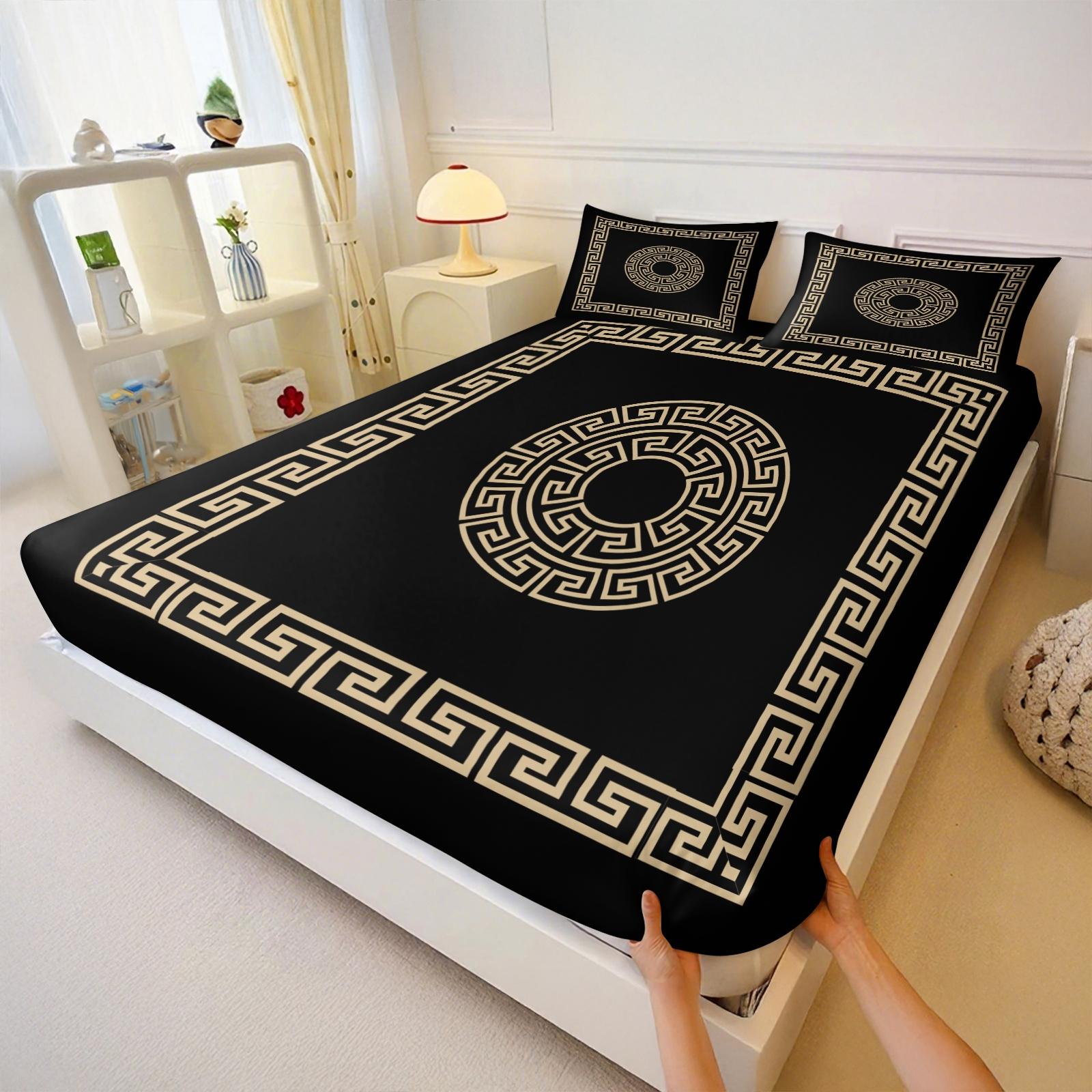 3 Pcs Solid Color Geometric Pattern Fitted Sheet Set,Includes 1 Fitted Sheet & 2 Pillowcases without Filler,Minimalist style, vintage and sophisticated look, soft and comfortable, Soft Bedding Sheet,Suitable for all seasons,Multiple styles available.