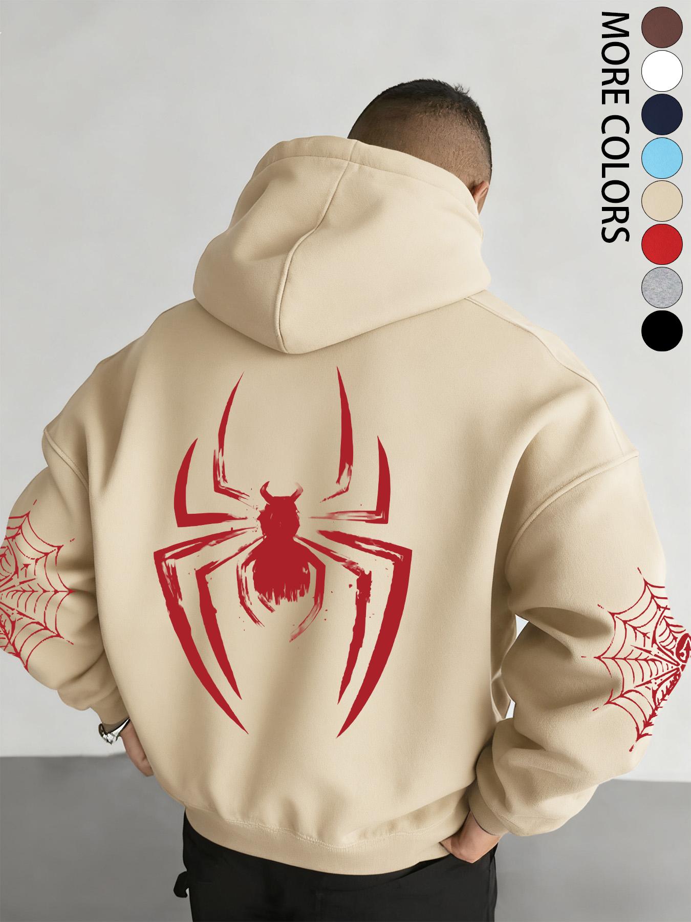 Men's Fall/Winter Spider-Print Hooded Sweatshirt with Drawstring and Kangaroo Pocket, Casual Street Fashion Hoodie, Casual Streetwear Hoodie, Comfortable Fabric, Fitted Graphic Sweatshirts
