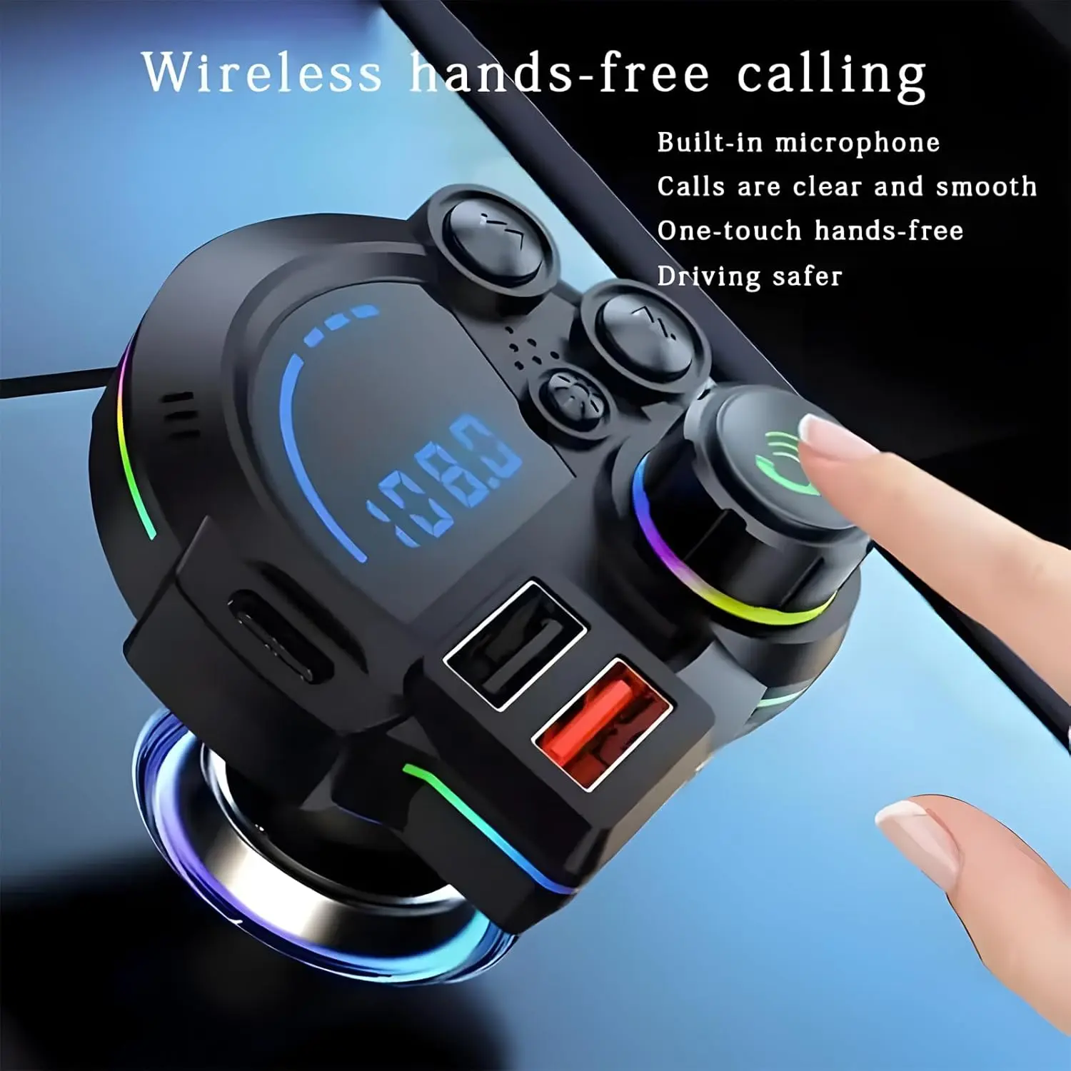 Bluetooth 5.3 Car Charger FM Transmitter – PD 20W Type-C + QC 3.0 Fast Charging, RGB Ambient Light, Hands-Free Calling, LED Display Car Accessory