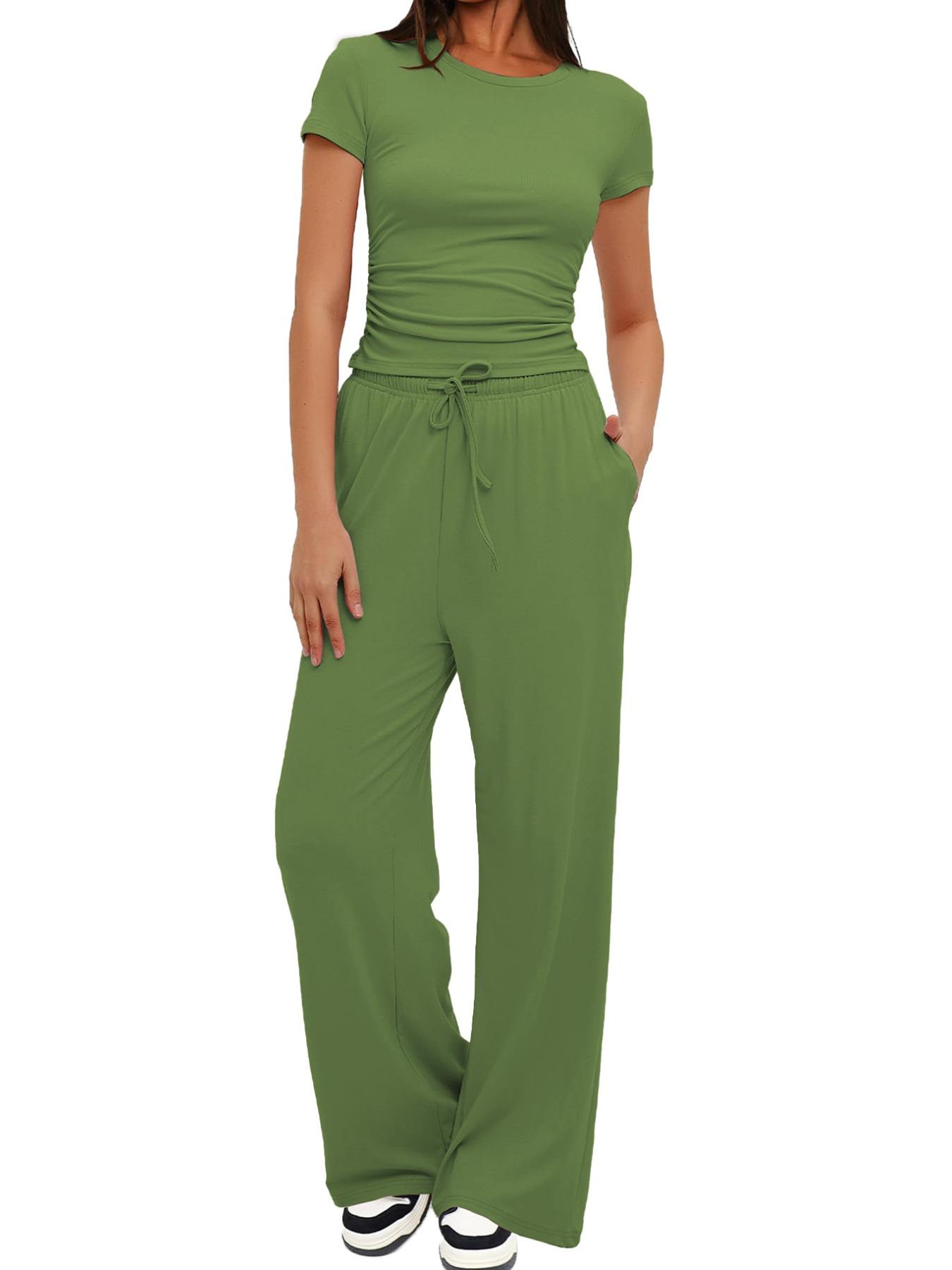 2026 Women's Solid Round Neck Tee & Pants Loungewear Pajamas Two/Six Piece Set, Casual Comfy Pyjama Set for Women, Comfy Loungewear Set for Daily Home Wear