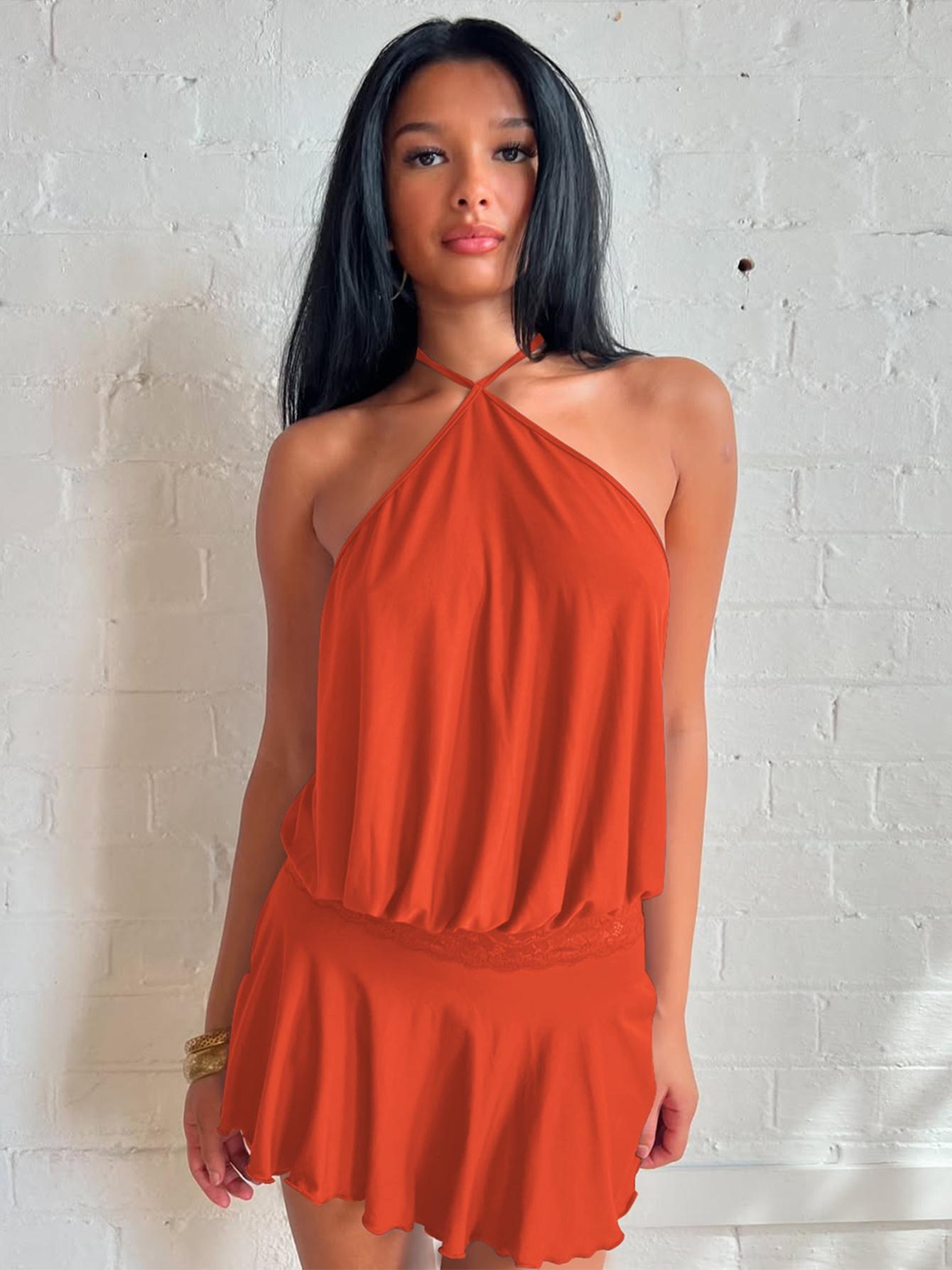 Women's Solid Color Lace Stitching Halter Neck Lace Up Sleeveless Backless Bodycon Slip Dress Plain Cut Out See Through Ruffles Hem Party Club Dating Holiday Beach Vacation Music Festival Ladies Dresses Clothing Wear Halter Strap Dress