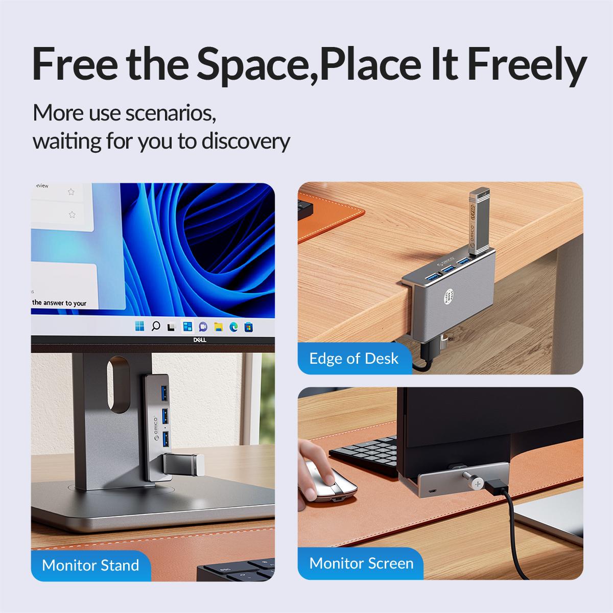 ORICO USB Hub 3.0, Clamp USB Hub with Extra Power Supply Port, Aluminum 4-Port USB Adapter with 3 USB-A Data Ports, USB-C Port for Monitors, Desks-MH4P