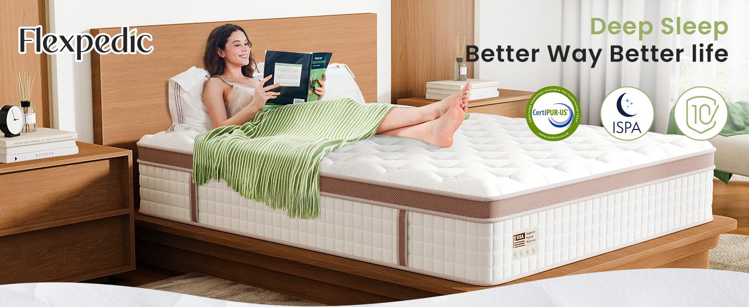 FlexPedic 12-14'' Hybrid Mattress, Full/Queen/King, Extra Firm Gel Memory Foam & Pocket Springs for Pressure Relief & Motion Control, Fiberglass Free