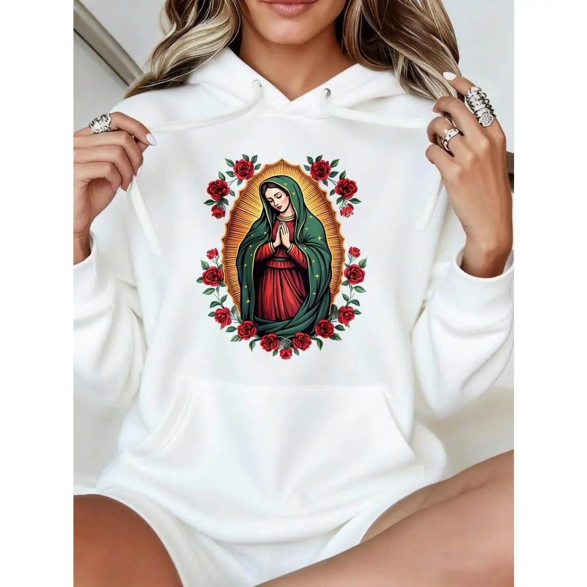 Womens Oversized Hoodies Sweatshirts Black White Options Fall Fashion  Pullover Sweaters Winter Clothes Women's Hoodies Pullover Casual Sweatshirts s Loose Fit Long Sleeve Drawstring Design Hoody Sweatshirt, Womens Graphic Hoodies Virgin Mary With Roses A