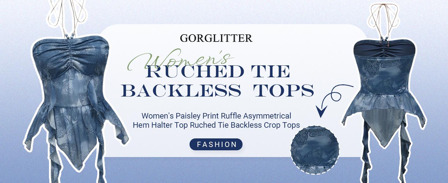 2026 Spring Summer Paisley Print Ruffle Asymmetrical Hem Halter Top Ruched Tie Backless Crop Tops