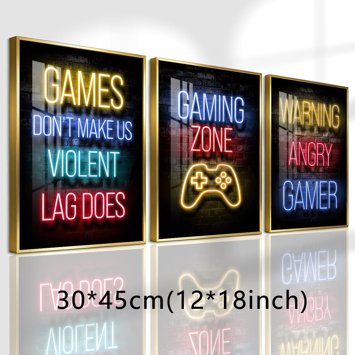 3 Counts Aluminum Alloy Framed Painting, Neon Gaming Zone Poster With Game Controller Wall Art, Home Decoration For Living Room, Bedroom, Office, Restaurant, Hallway Wall Decor, Odorless Print Artwork, Luxury Perfect Gift For Friends And Family