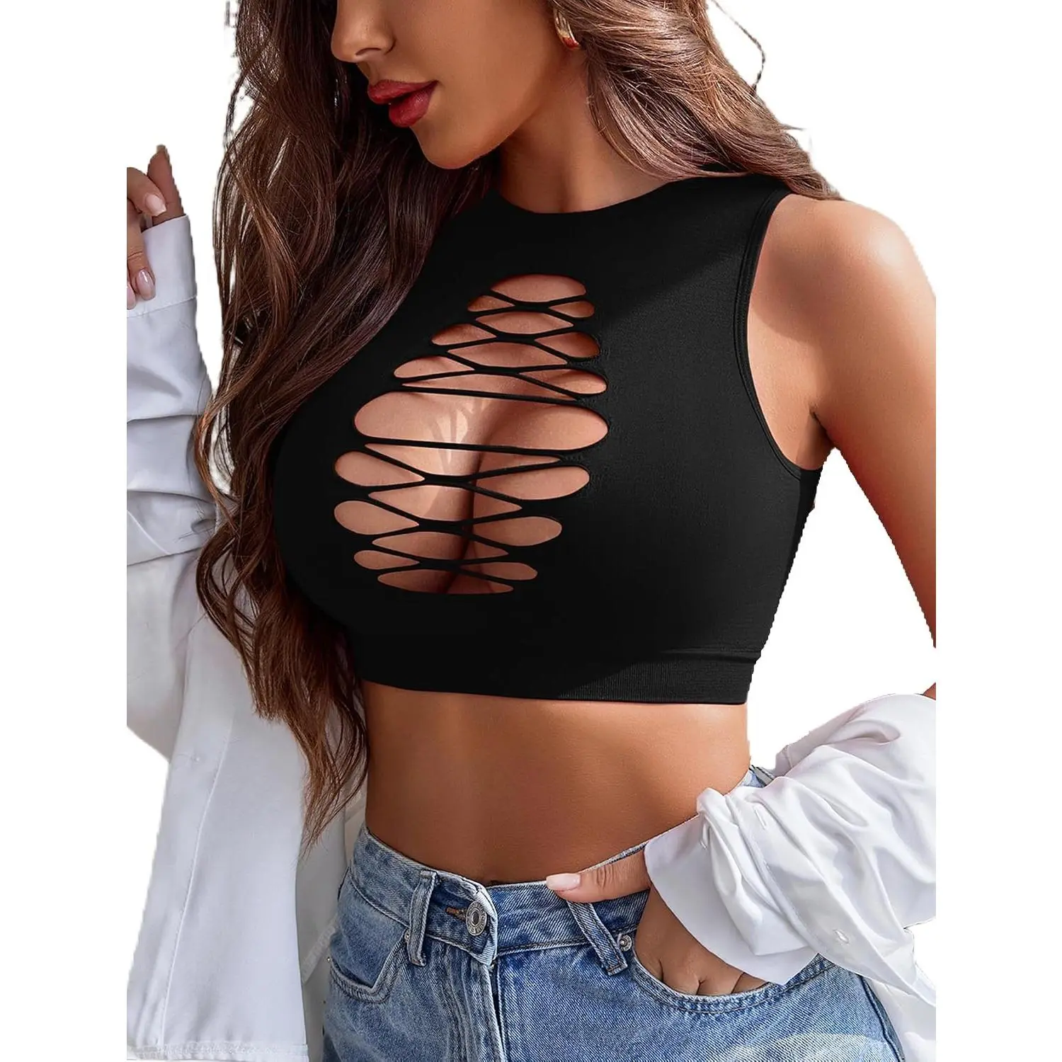 Women's Sexy Fishnet Crop Top Cutout Hollow Out Tank Top (S M L)(Gift)
