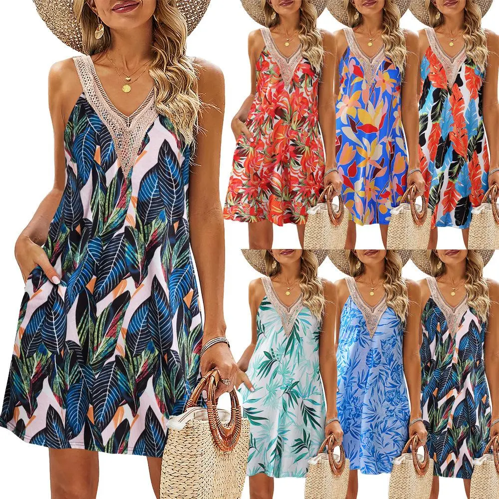 Women's Summer Dress Beach Lace V-Neck Tank Skirt Casual Tropical Print Sleeveless Short Dress