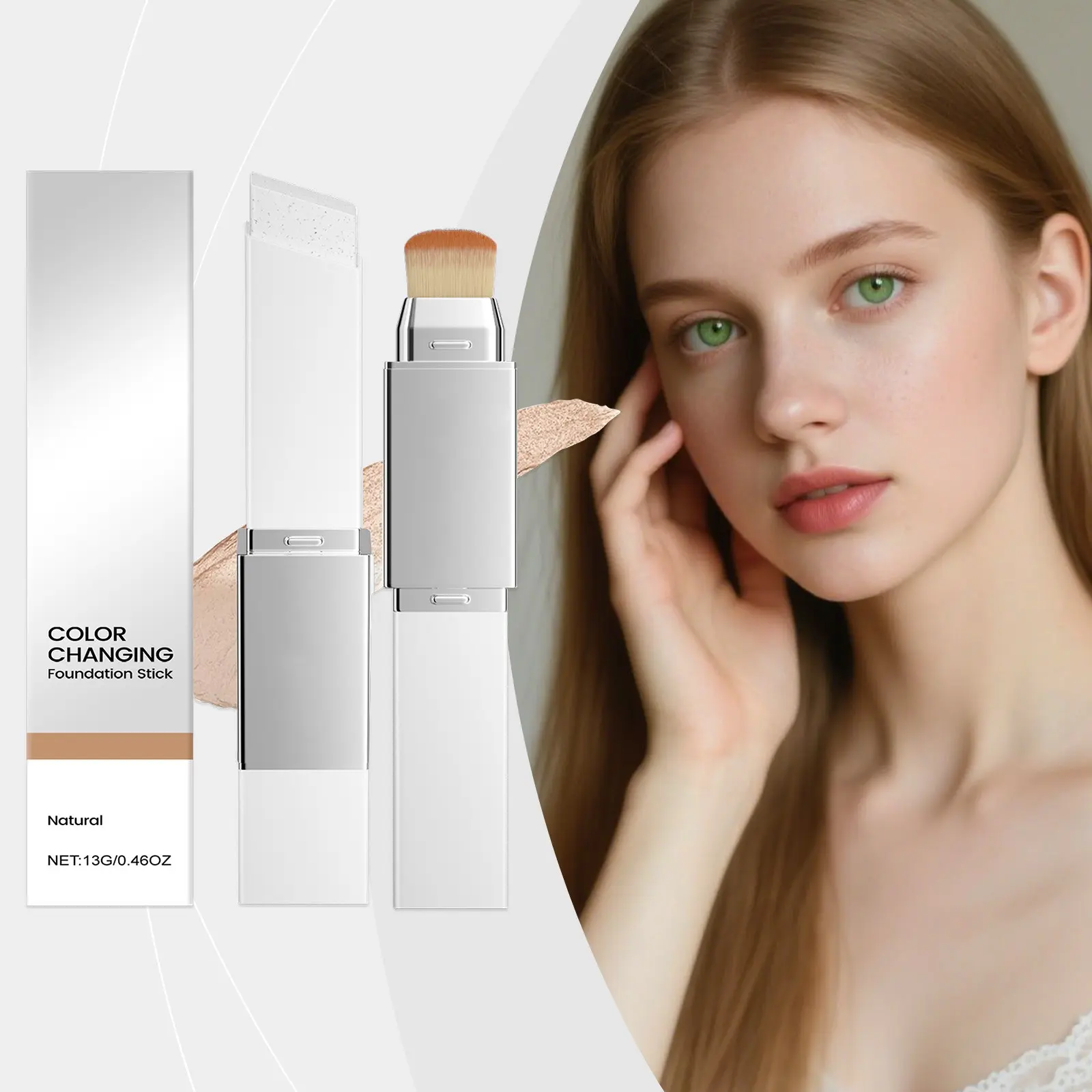 Blanc Cover Cream Stick - Korean Color Changing Foundation Stick V - Dual-Ended with Detachable Brush, Medium to Full Coverage Base Makeup, Portable for Daily Use (Natural)