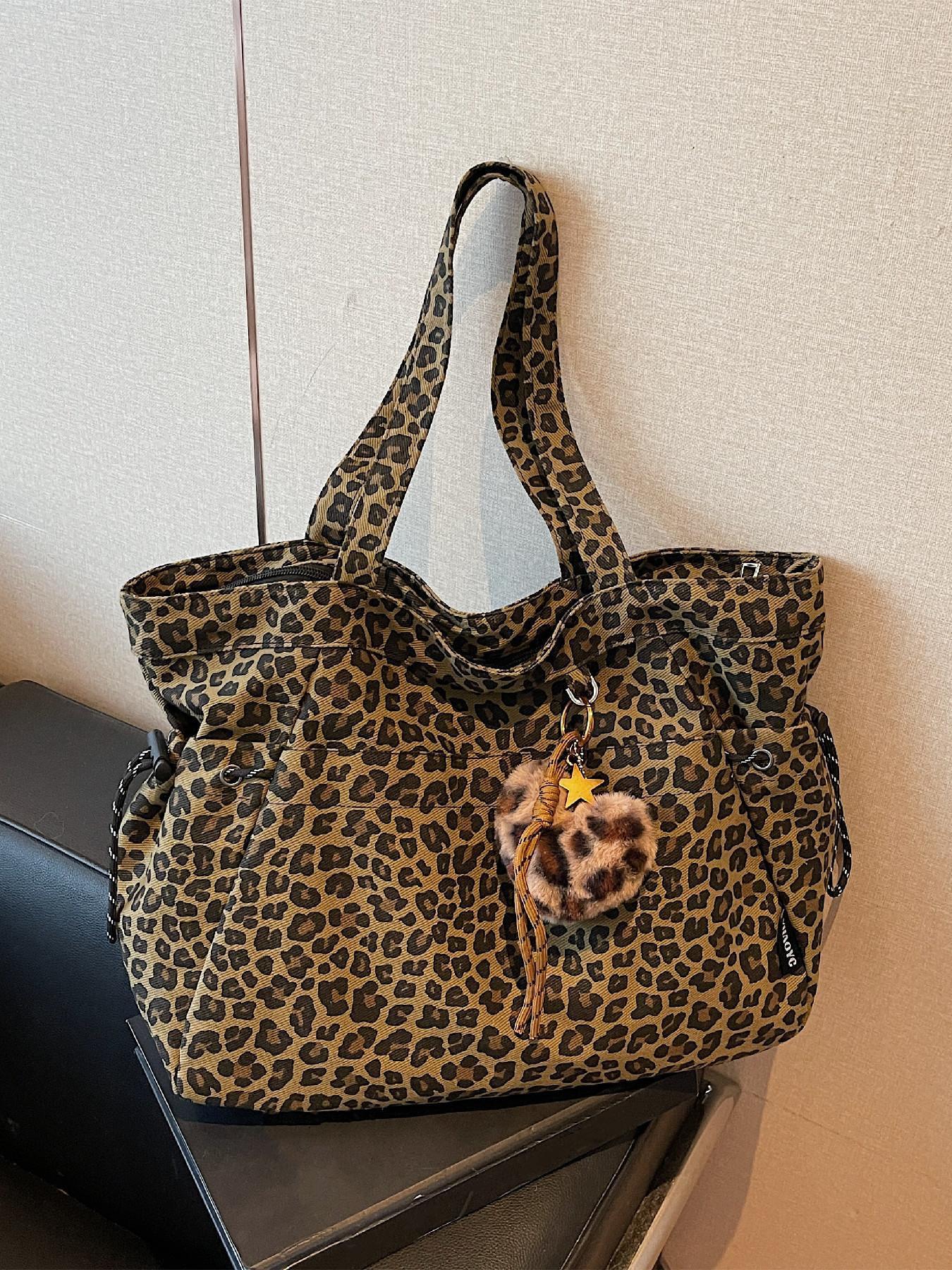 Women's Leopard Print Tote Bag, Cute Plush Charm Shoulder Purse with Large Capacity Design, Trendy Y2K Aesthetic Crossbody Handbag with Adjustable Strap, Fashion Animal Print Everyday Carry Bag for Work, Shopping, Travel, College & Casual Outfits