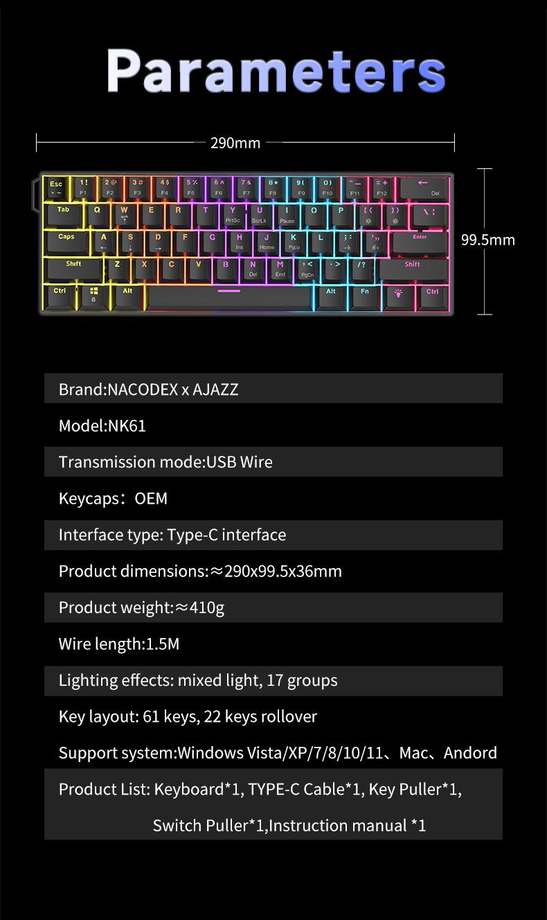 AJAZZ NK61 Mechanical Keyboard with Red Switches, ABS Black Keycaps, 60% Compact Layout, Wired Office Mechanical Keyboard, TKL Mixed Backlighting, Ribbon Included, Portable, Comfortable Typing Feel, Suitable for Gaming, Office, and More Scenarios