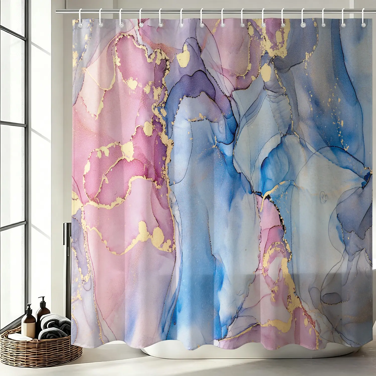 Pink Blue Gradient Marble Waterproof Shower Curtain with 12 Hooks, Luxury Swirl Gradient Marble Pattern Bathroom Partition Curtain, Mildew Proof & Machine Washable, Abstract Fluid Art Premium Bathroom Home Decor