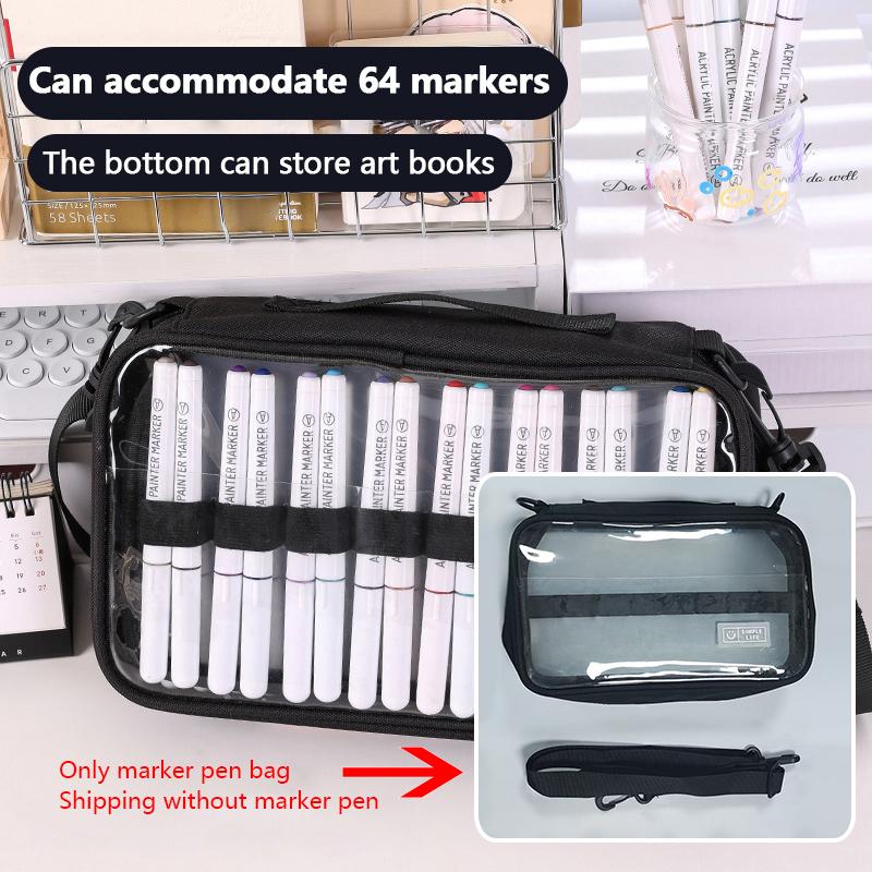 Mark Pen Storage Bag, Multi-Layer Organizer, Large Capacity Holds Up to 64 Mark Pens, Transparent Zippered Pouch with Shoulder Strap