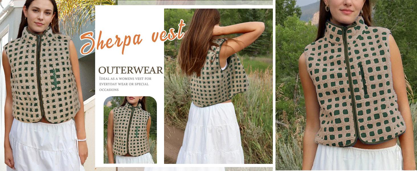 Molitree Checkered Sherpa Vest Fleece Jacket Lightweight Zip Up Sleeveless Crochet Plaid Gilet with Pocket Casual Blue