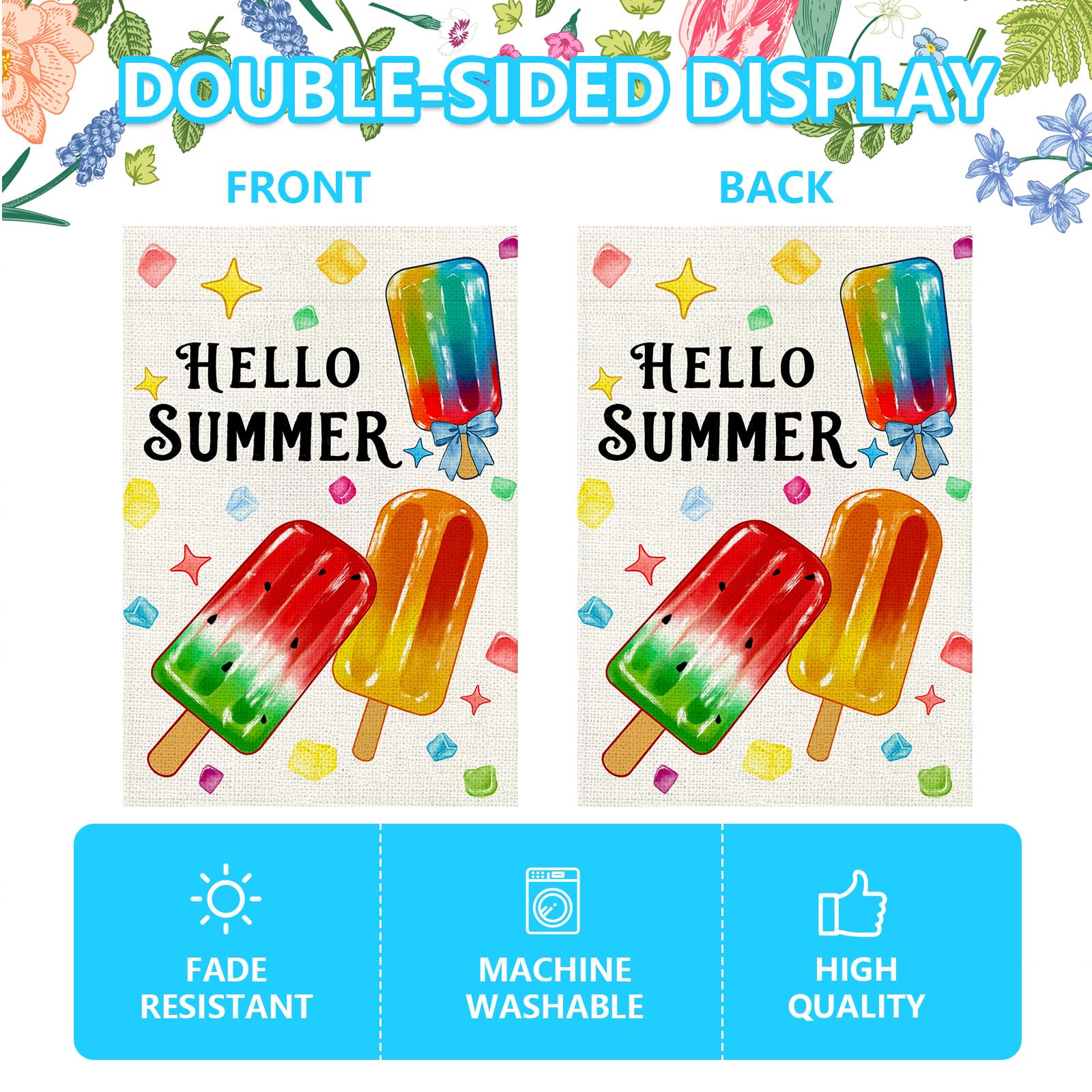 1-Piece Summer Garden Flag, 12x18 inches, Popsicle Design, Double-Sided Linen Flag for Outdoor Garden Decor (Flagpole Not Included)