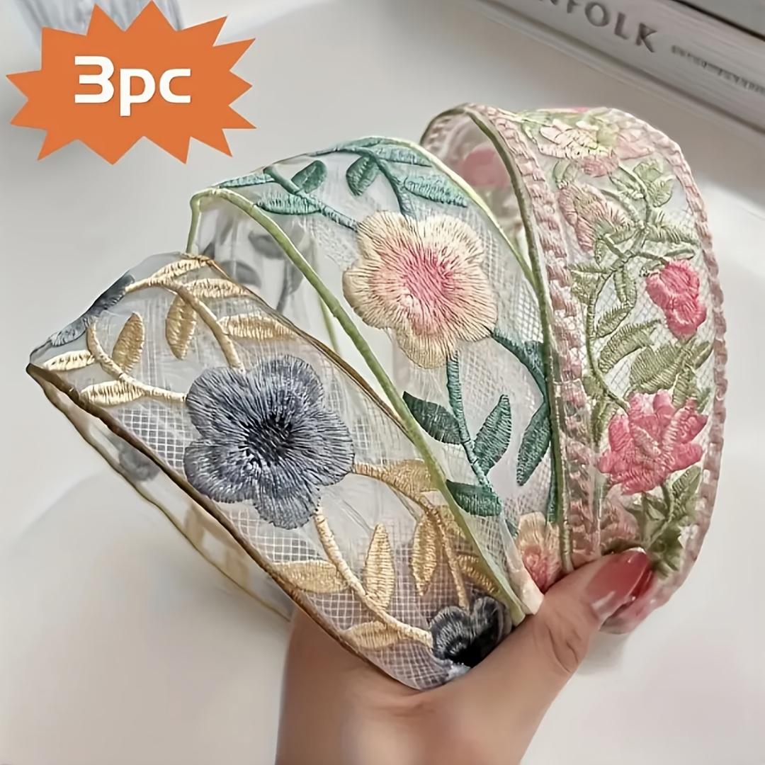 Women's Elegant Polyester 3-Piece Rose Embroidered Lace Sports Headbands - Synthetic, Stretch Fit Romantic Floral Headwear for Bridal Wedding Parties, One Size, Party
