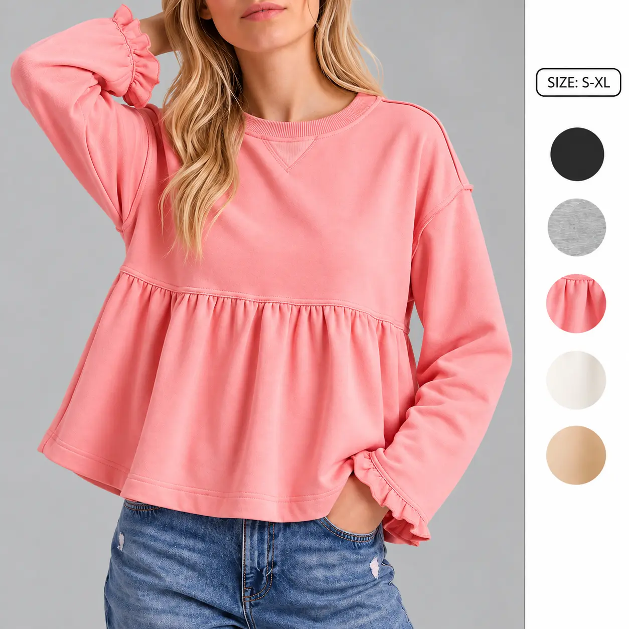 Imily Bela Women Peplum Sweatshirt Ruffle Cuff Long Sleeve Crew Neck Babydoll Pullover Loose Flowy Casual Tunic Tops for Daily Wear