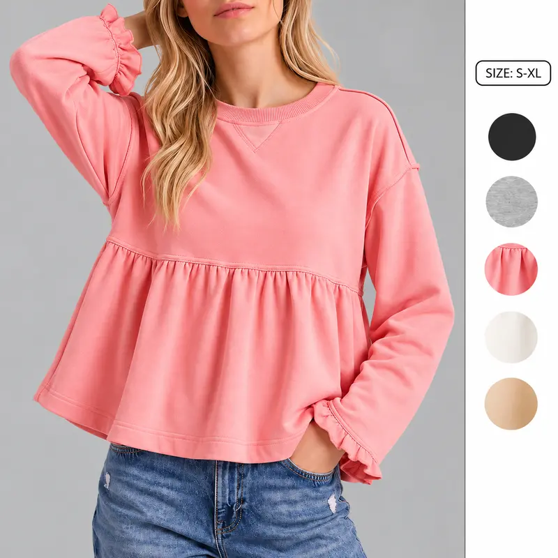 Imily Bela Women Peplum Sweatshirt Ruffle Cuff Long Sleeve Crew Neck Babydoll Pullover Loose Flowy Casual Tunic Tops for Daily Wear