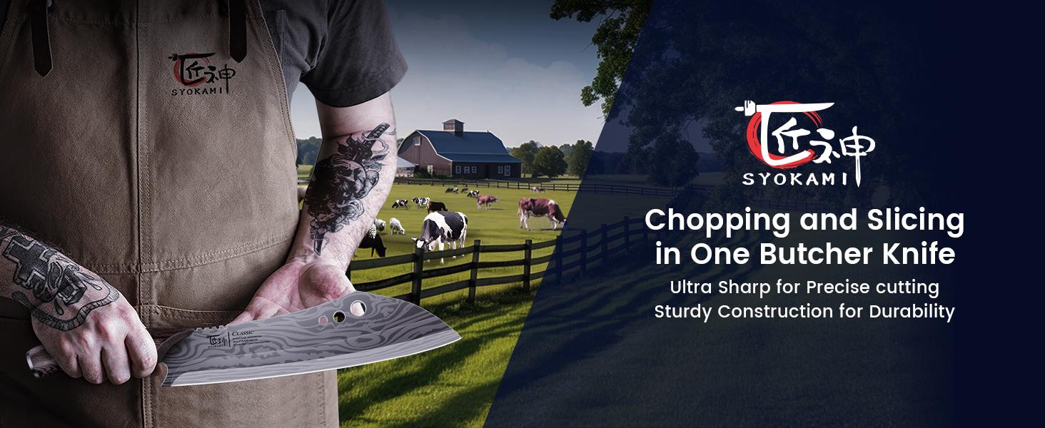 【TikTokShopSpringGlowUp】 SYOKAMI Butcher Knife, 10 Inch Meat Cleaver Chef Knife with Herb Stripper, Japanese Style High Carbon Steel Kitchen Knife for Chopping & Slicing, Damascus Pattern Full Tang Wood Handle, Christmas Mother's Day Gift