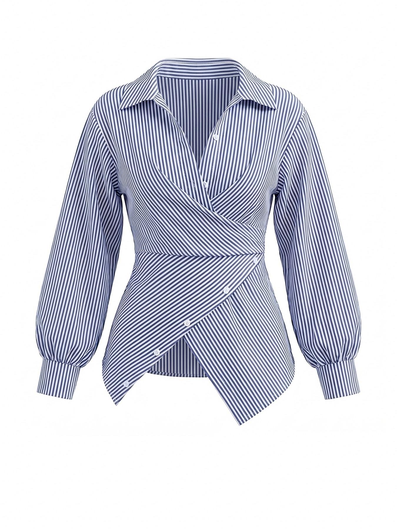 Women's Striped Print Button Front Collared Casual Shirt, Button Down Shirt,Asymmetrical Hem ,Wrap Blouse,Long Sleeve,Fitted,Elegant,Daily Commuting,Going Our,All Season