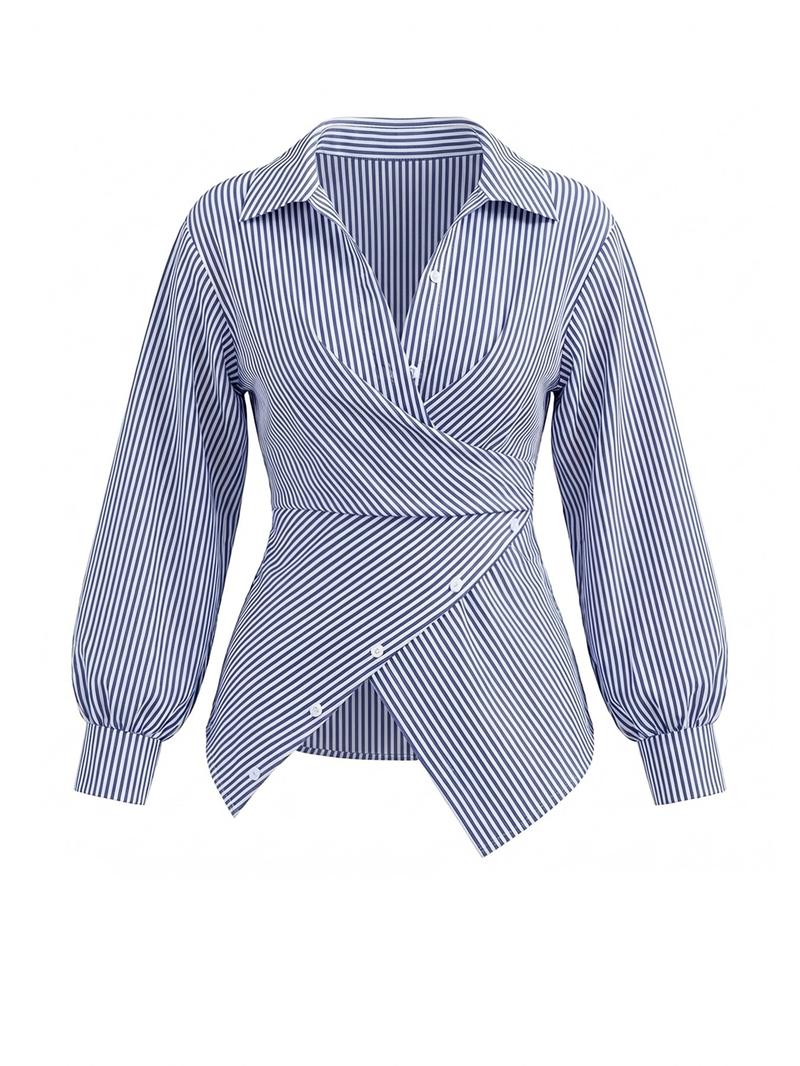 Women's Striped Print Button Front Shirt,Asymmetrical Hem ,Wrap Blouse,Fall Outfits,Long Sleeve,Winter Clothing,Elegant,Daily Commuting,Going Our,Casual
