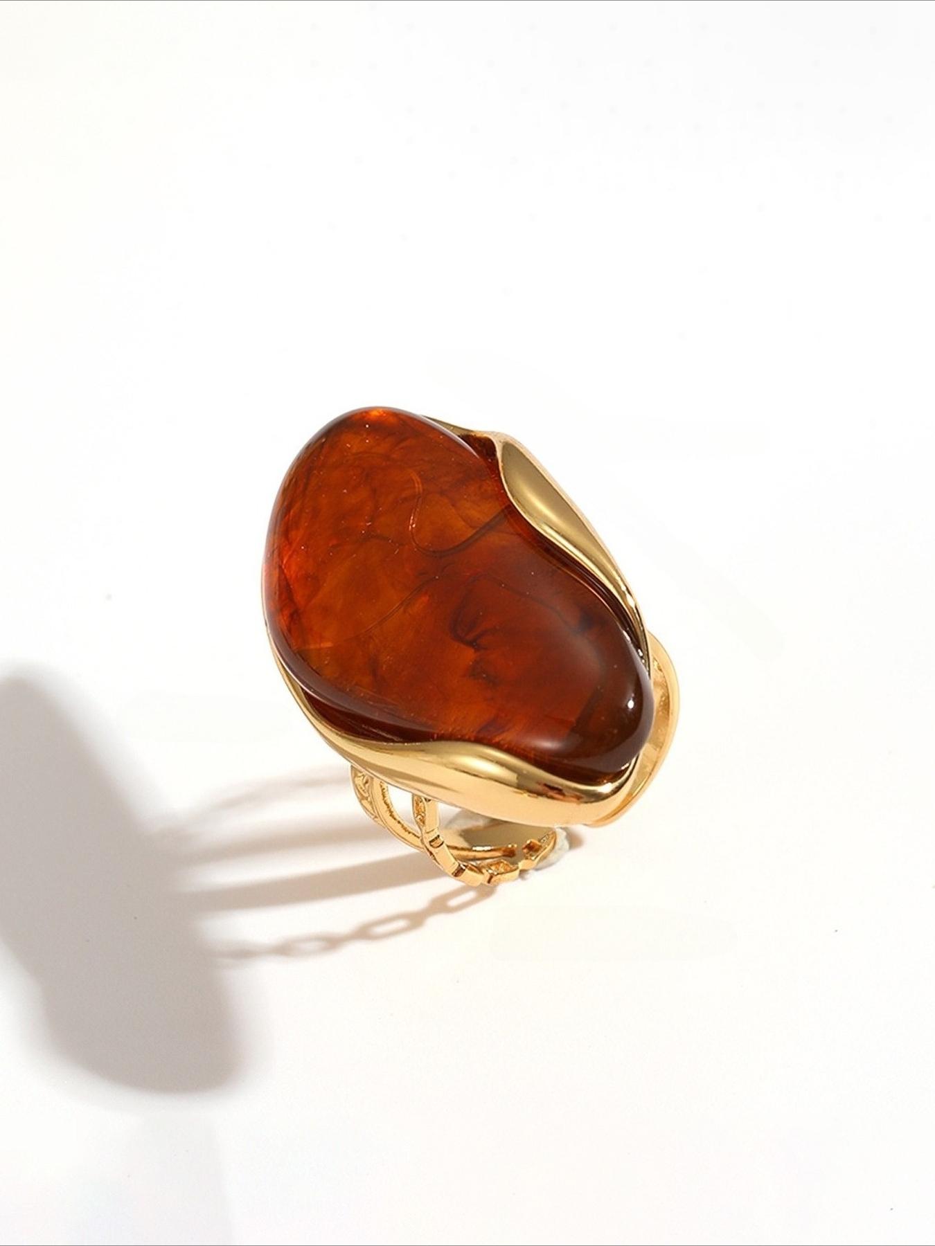 Vintage Marbled Resin Stainless Steel Adjustable Ring, Simple Elegance Women's Daily Versatile Gift, Stylish and Precise Jewelry