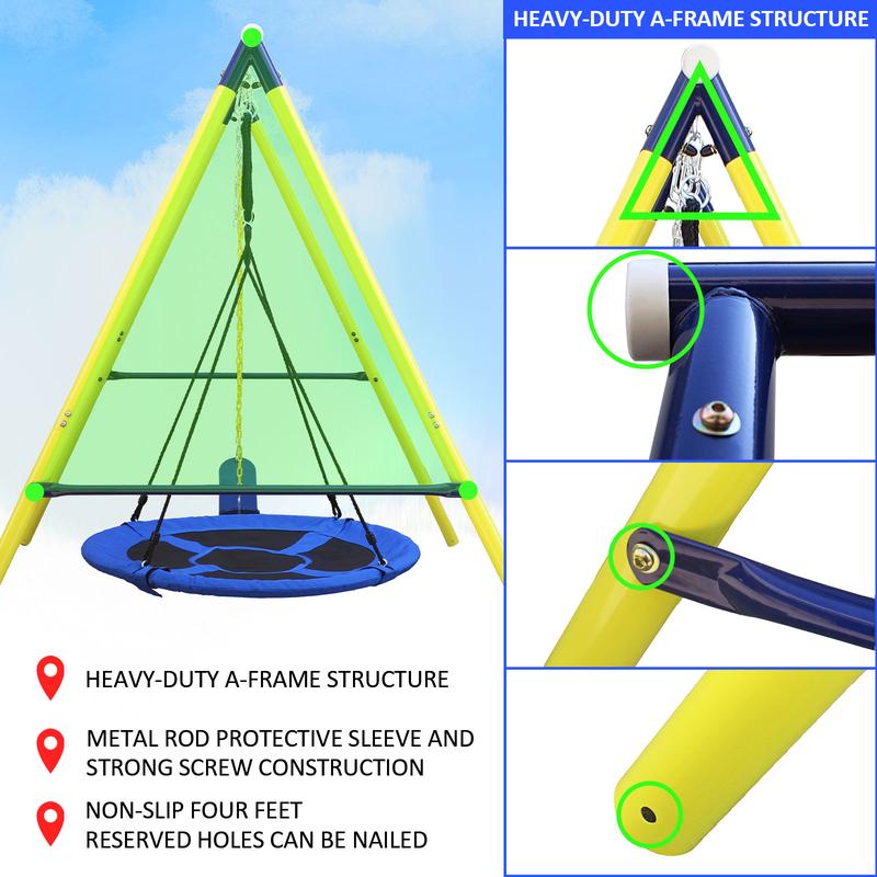 Aowos Swing Set for Kids, Saucer Swing with Heavy-Duty Metal Frame and Adjustable Ropes for Kids Outdoor, Safe Waterproof Round Swing for Backyard Playground Park, Playground for Kids, Rainbow Color, Birthday Gift, Columpio para niños, Christmas Gift