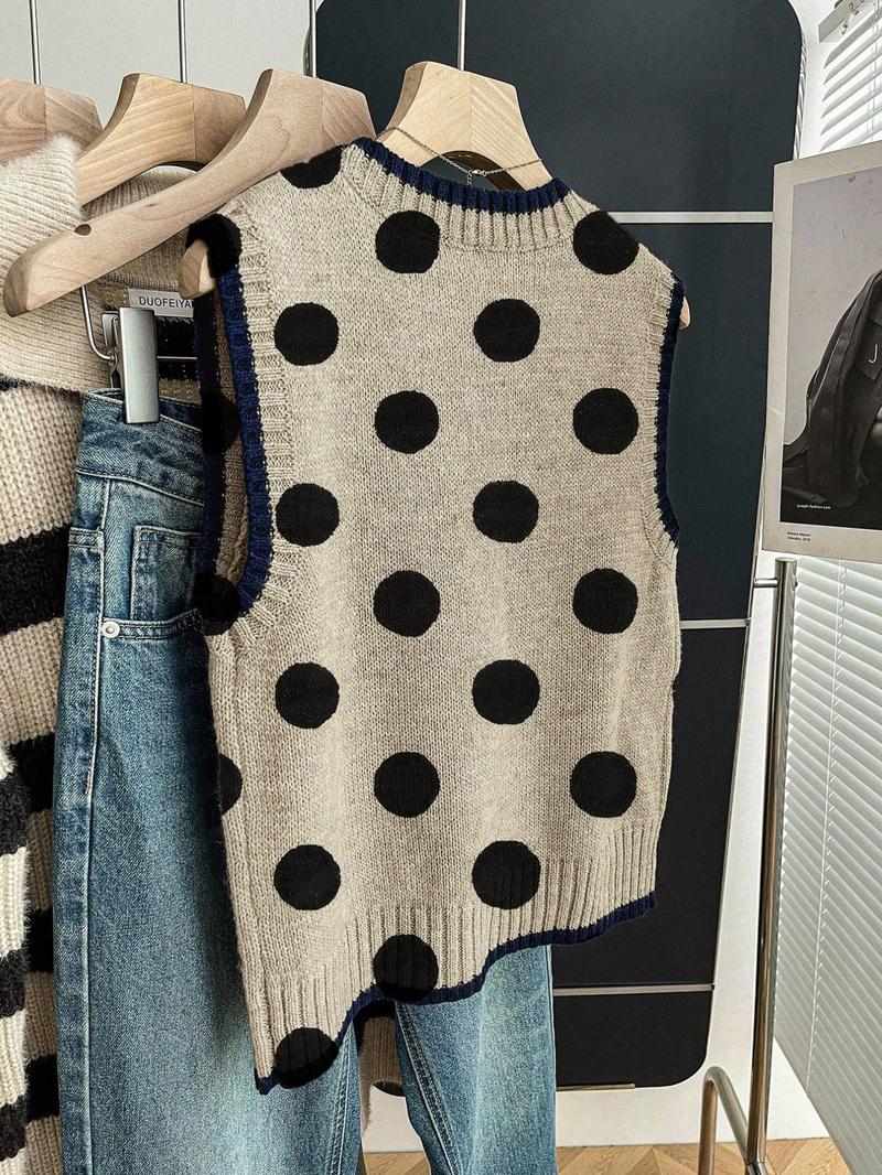 Women's Casual Loose-Fitting Round Neck Sleeveless Knit Top, Colorblock Deep Blue Edge Polka Dot, Spring Summer Fall Outerwear