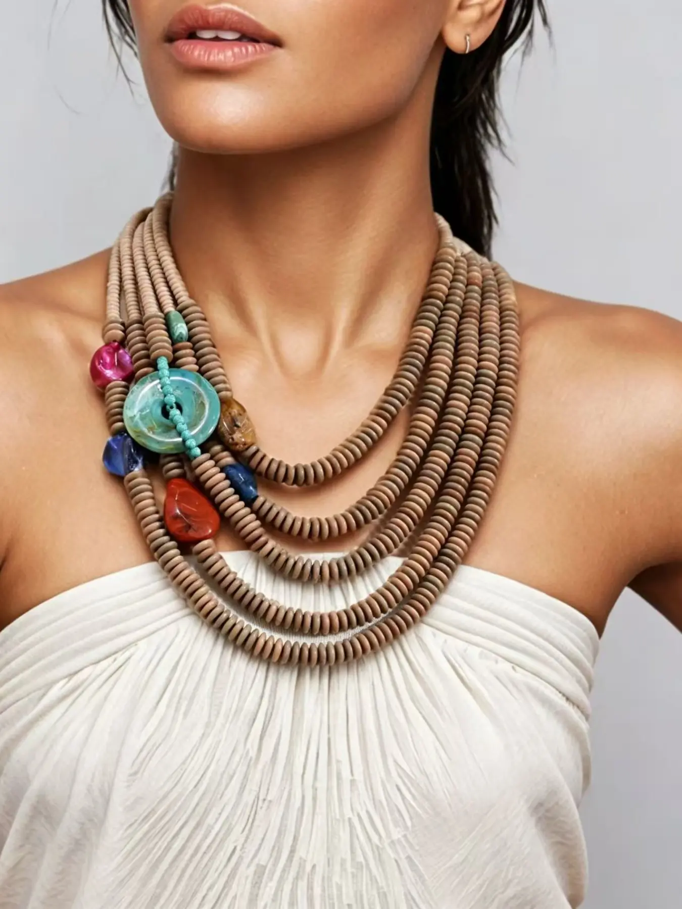 Bohemian Multi-strand Wooden Disc Bead Necklace Color Resin Stone Donut Pendant Ethnic Vintage Statement Necklace for Women Vacation