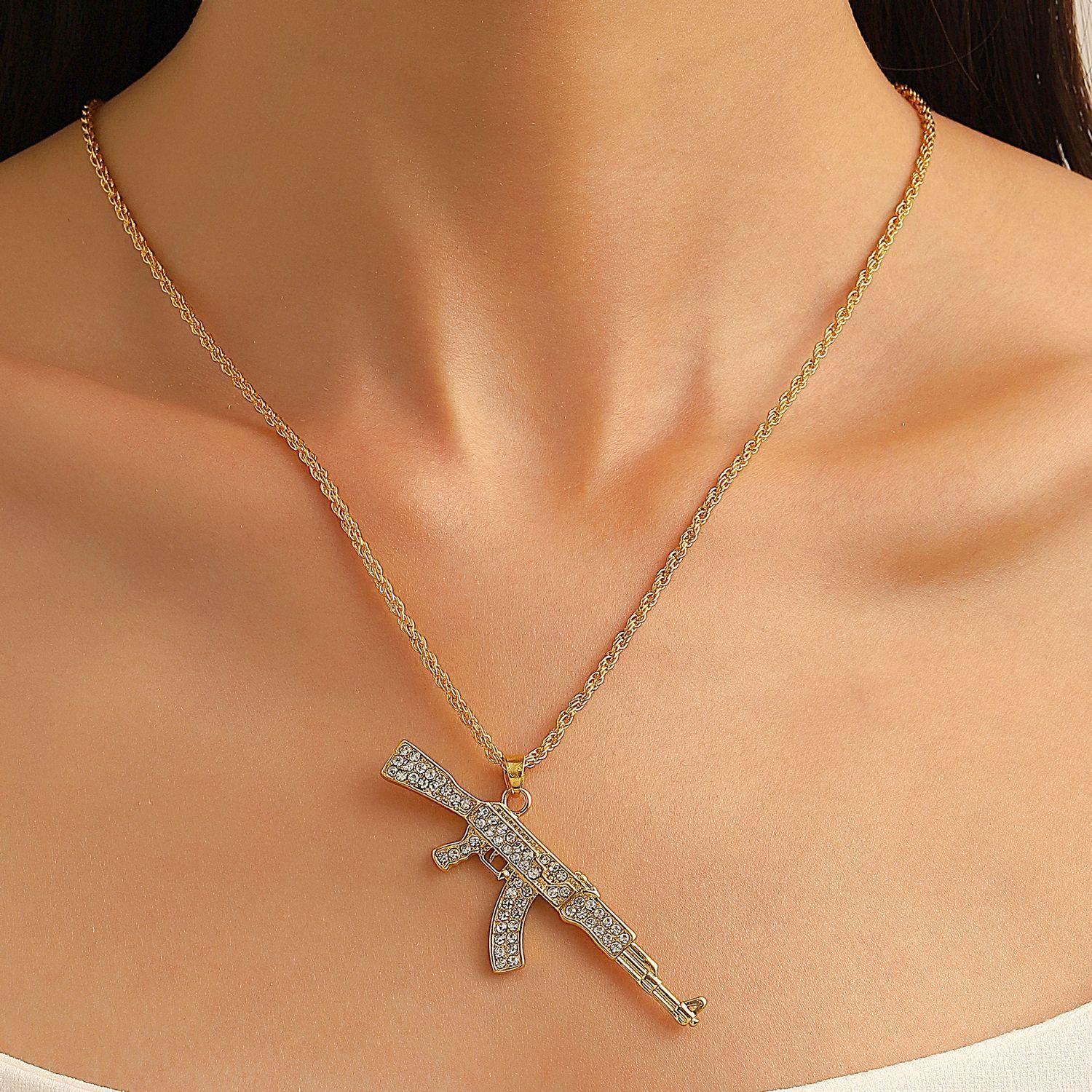 Hiphop Feng Shui Drill Decor Ak47 Assault Rifle Necklace, Perfect for Holidays & Daily Wear, Great Gift for Friends & Family, Chain Jewelry, Fashion Jewelry Accessories