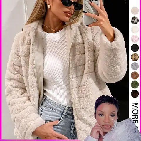Women's Faux Fur Coat, Casual Chic Fall & Winter Woven Jacket, Thick Fabric Hooded Adjustable Drawstring Pocket Design, Daily Wear Outerwear, Everyday