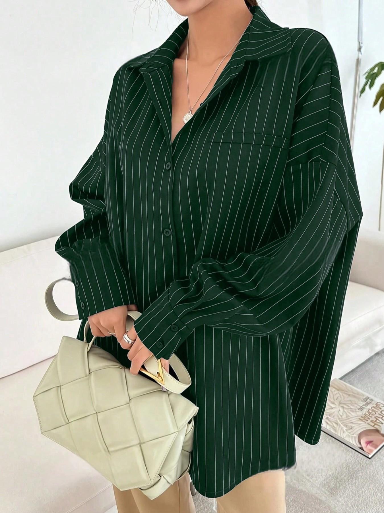Women's Vertical Striped Drop Shoulder Long Sleeve Button Shirt, Casual Breathable Comfortable Loose Blouse, Fall Fashion Top