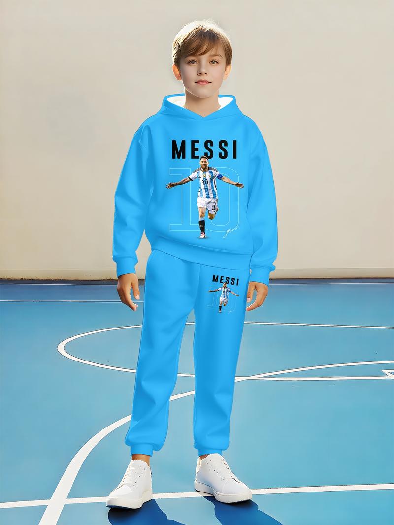 Boys' Football Theme Hoodie & Jogger Set, Casual Fitted Sportswear for Spring & Fall, Warm Comfortable School Training Daily Wear