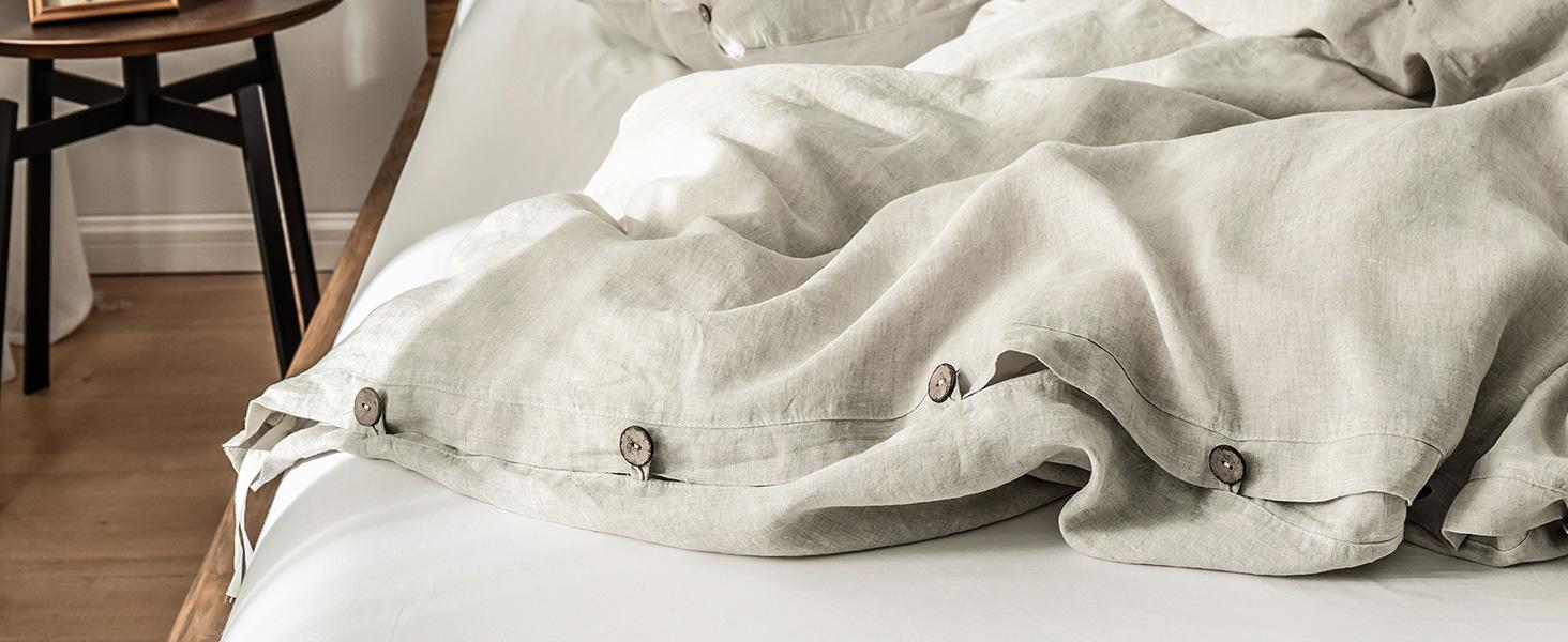 Simple&Opulence 100% Linen Duvet Cover Set, Belgian Flax Breathable Bedding, Comforter Cover+ Pillowsham with Coconut Button Closure