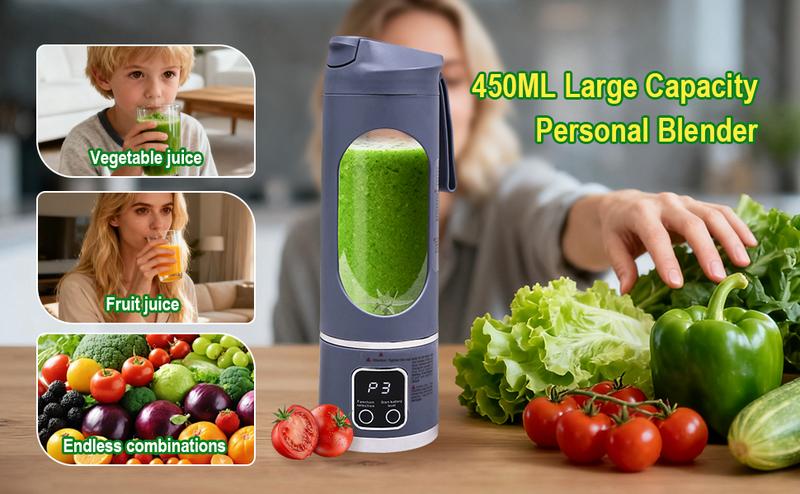 Portable electric juicer, with a purple exterior and a digital display, measuring 255 millimeters in height, suitable for making personal smoothies and juices, equipped with an LED screen ultimate portable blender liquid diet digital multimode