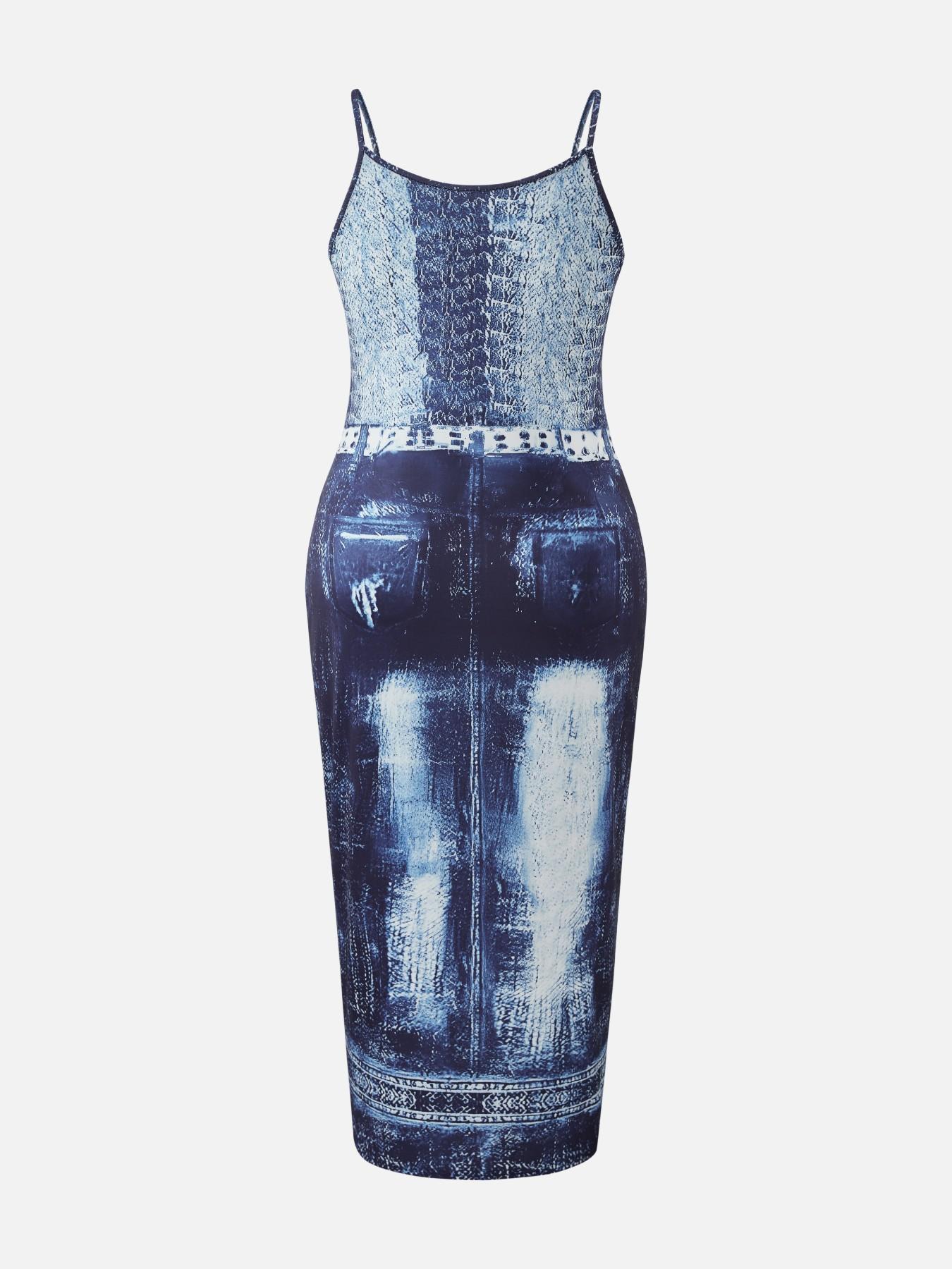 Plus Size Women's Denim Print Fitted Midi Dress, Thin Straps Sexy Summer Street Style, Fashionable Comfortable Design