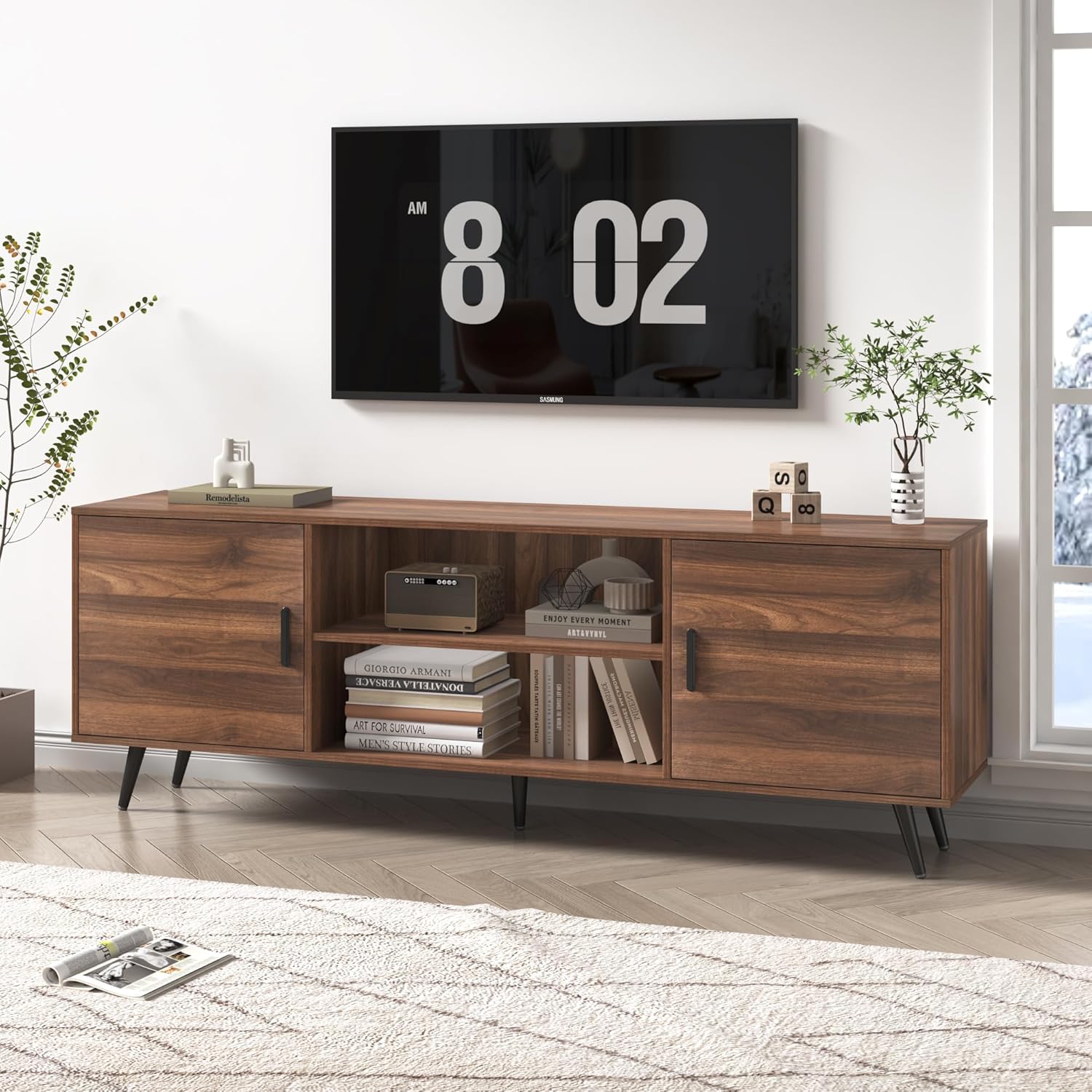 70/80 Inch Mid Century Modern TV Stand for 75 Inch TV, Wood TV Stand with Storage, Entertainment Center for Living Room Bedroom, TV Media Console, Oak/Walnut