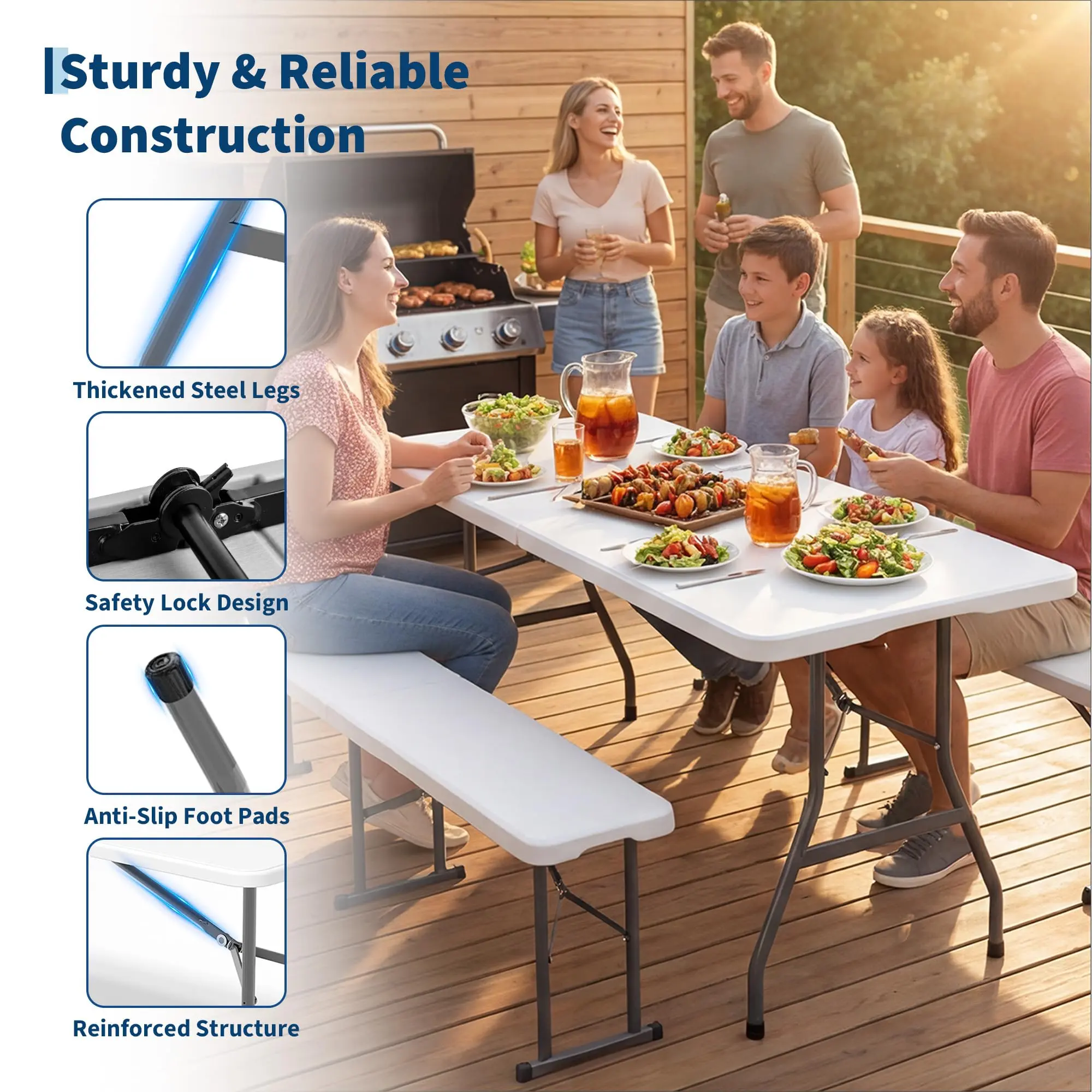 Portable Folding Picnic Table 6FT, 2-Pack - Heavy-Duty HDPE Outdoor Buffet Table - Fold-in-Half Design with Carry Handle - Versatile for Camping, BBQ, Parties & Events - Color: White/Black