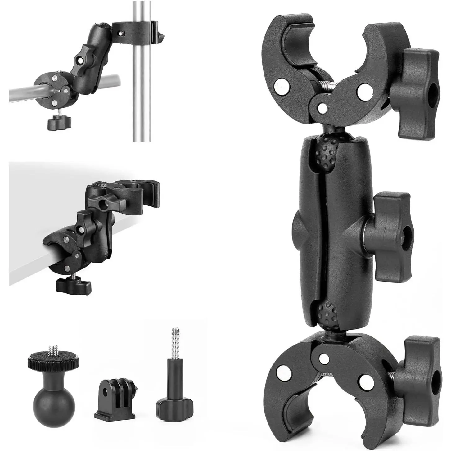 Double Clamp Universal Mount Bracket with Adjustable Arms for Umbrellas/Studio Lights, Camera Poles, Strollers, Wheelchairs, Monitors, Magic Socket Arms, Desks, Photography Reflectors, Flag Cross Bars