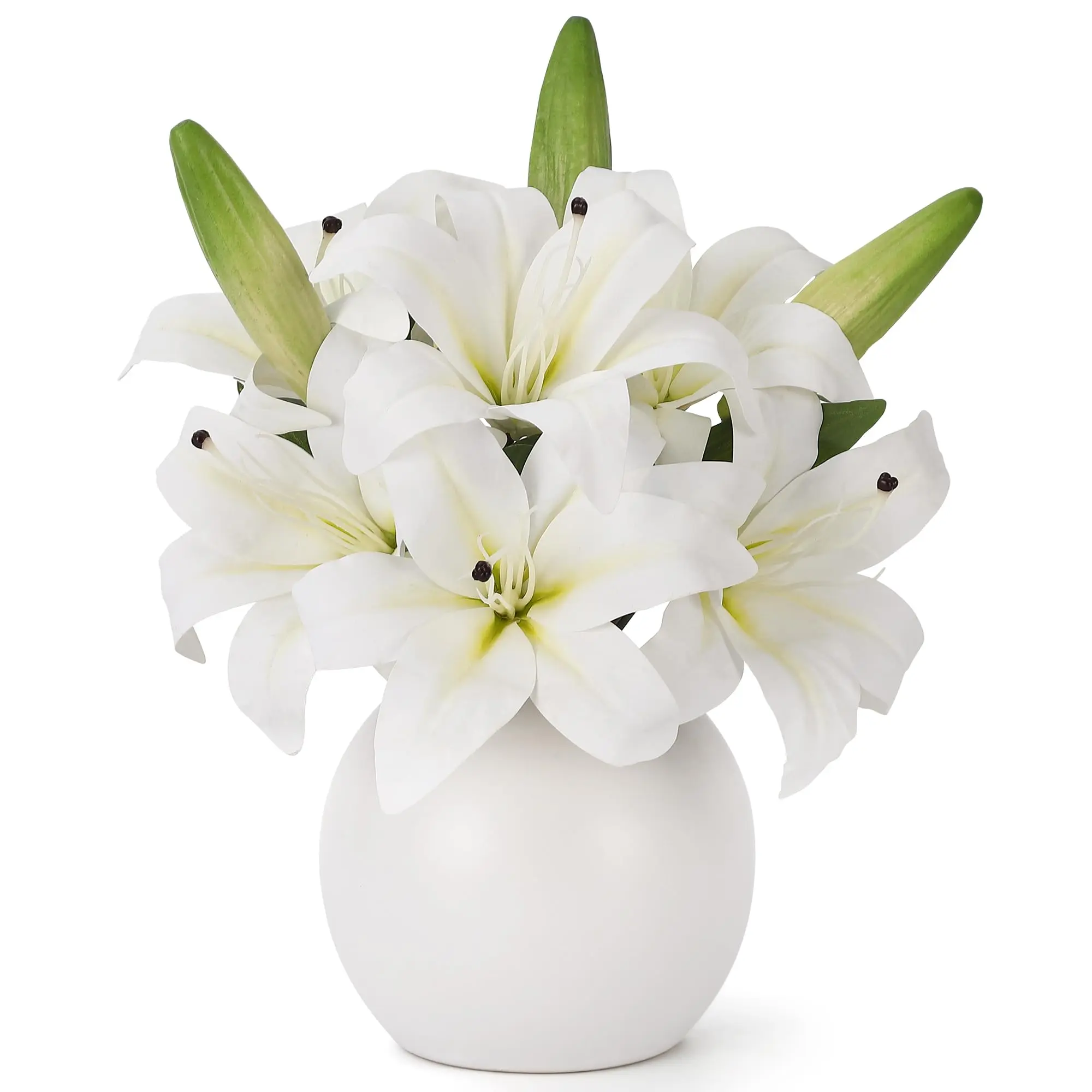 Artificial Tiger Lily Flower Arrangement - 3 Pcs Real Touch White Lilies Floral Arrangement, 6 Blooms & 3 Buds, Ceramic Vase Included, Home Table Wedding Decorative Flowers Centerpiece