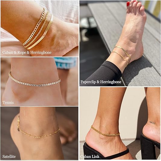 Tewiky 6pcs Anklets For Women Layered Cuban Link Chain Anklets Love Herringbone Cute Anklets Set Summer Beach Jewelry Gift