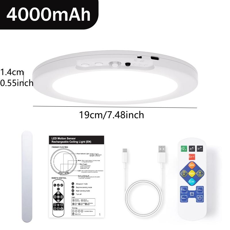 Rechargeable Motion Sensor Ceiling Light 7.5", 4000mAh Wireless Battery Operated Ceiling Lamp with Remote Control, Dimmable, 3 Color Temperatures, for Bedroom, Garage, Porch, Stairs, Hallway