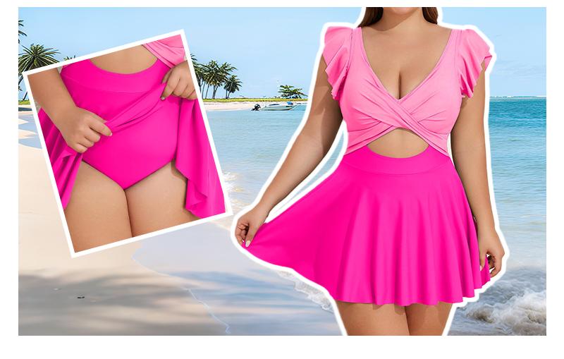 B2prity Women's Plus Size Swimsuit Tummy Control One Piece Swimdress Ruffle V Neck Cutout Wrap Bathing Suit with Skirt