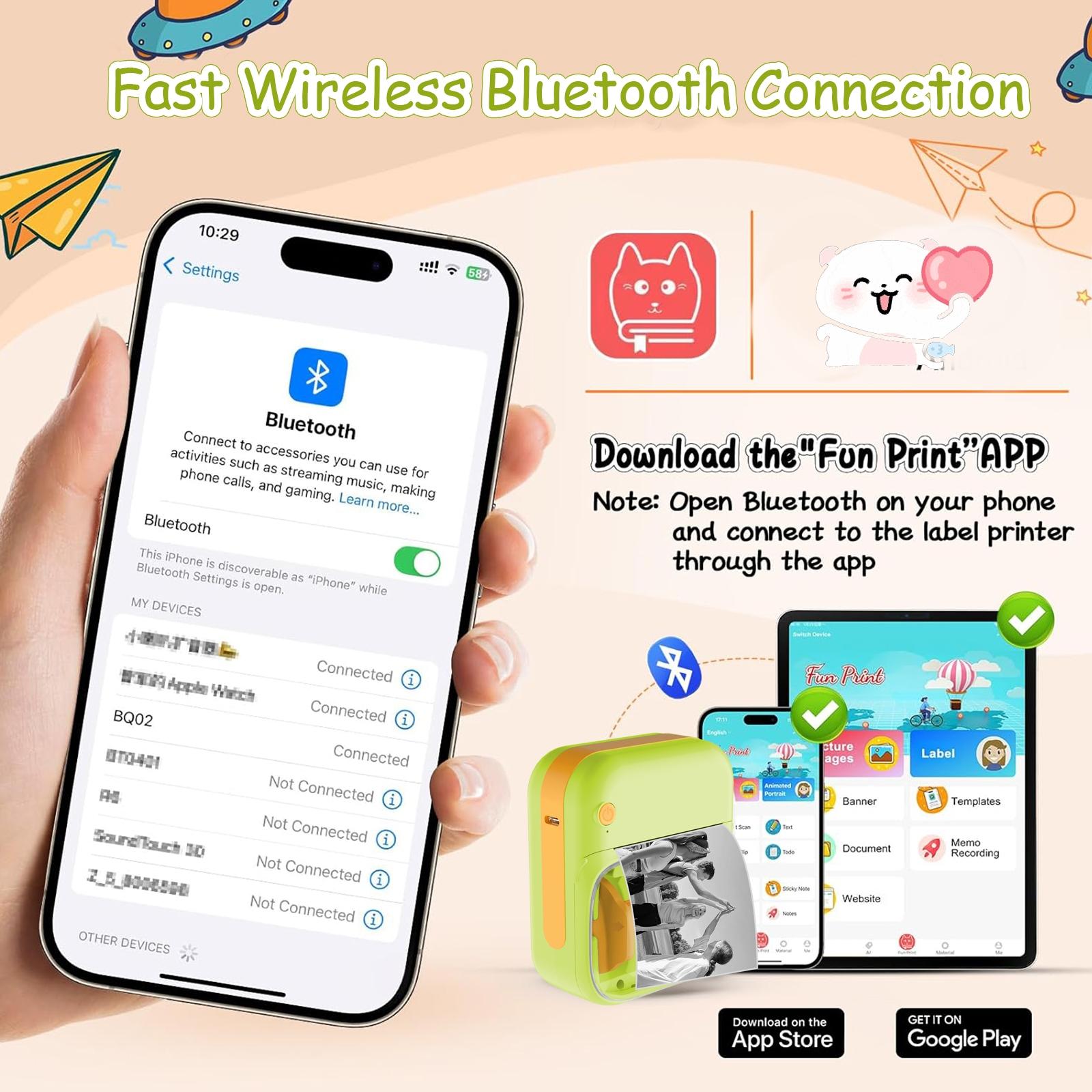 Mini Sticker Printer Childrens Gift Portable Thermal Printer for Pictures Vintage Style Photos Receipts Notes Lists Labels Memos QR Codes Bluetooth Wireless Smart Printer Bluetooth Thermal Note Machine for Learning Journaling Note Taking