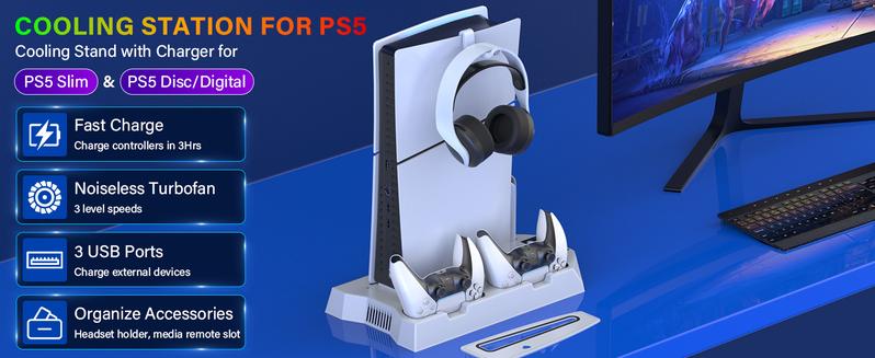 Charging Base Cooling stand for PS5 Slim/Standard, with 3 Level Turbo Cooling Fan ps5 Accessories White Charging Base Cooling stand for PS5 Slim/Standard, with 3 Level Turbo Cooling Fan ps5 Accessories White