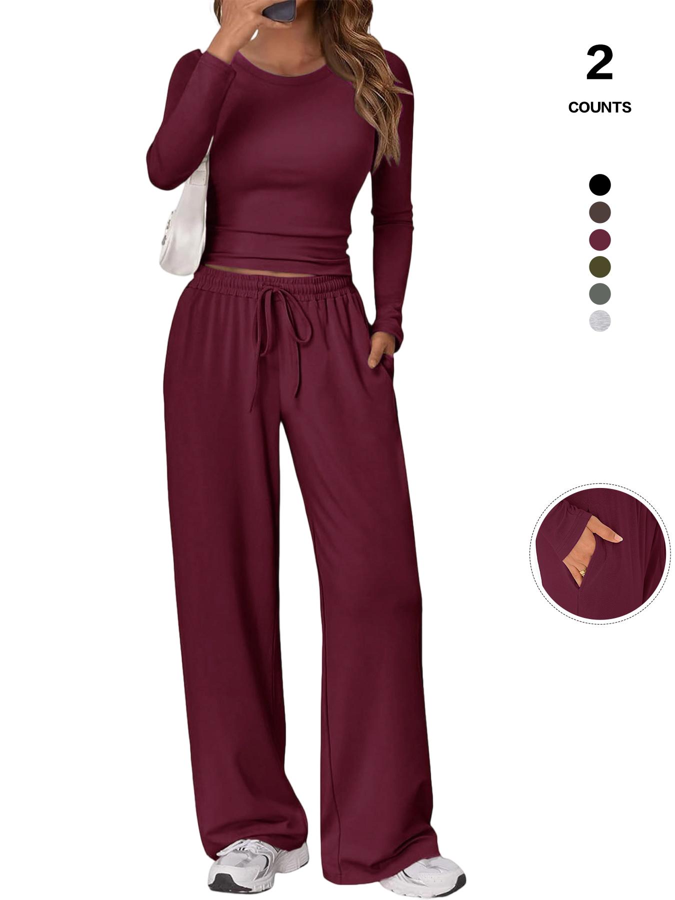 Women's 2 Piece Matching Lounge Set, Long Sleeve Slightly Crop Top & Wide Leg Pants, Casual Workout Set for Comfortable Wear