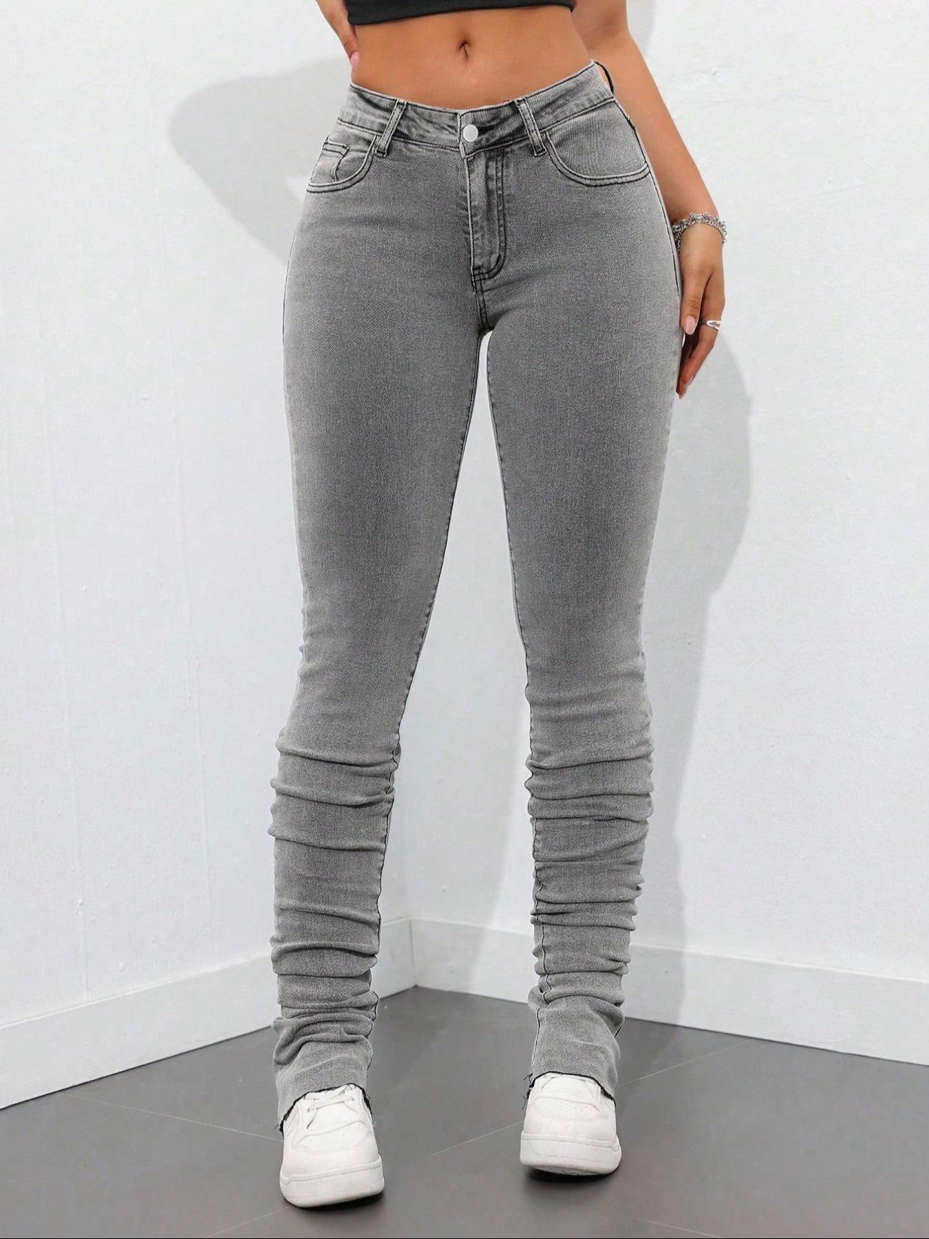 【Plus Size】 Solid Ruched Skinny High Waist Jeans, Casual Comfy Denim Pants for Daily Wear, Women's Bottoms for Summer