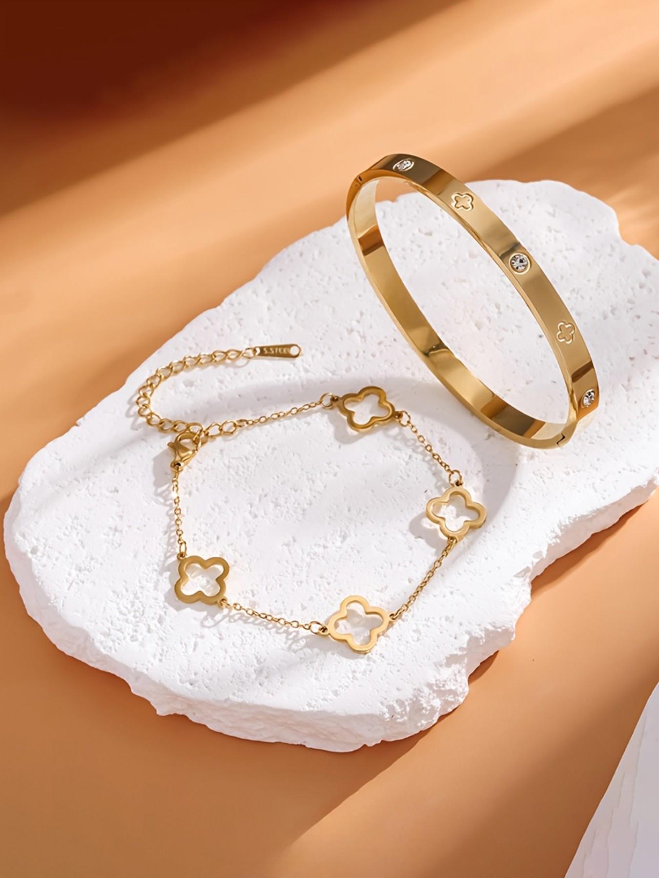 Women's Elegant Four Leaf Clover Design Stainless Steel Jewelry Set, Adjustable Bracelet & Bangle, European Style, Perfect Gift